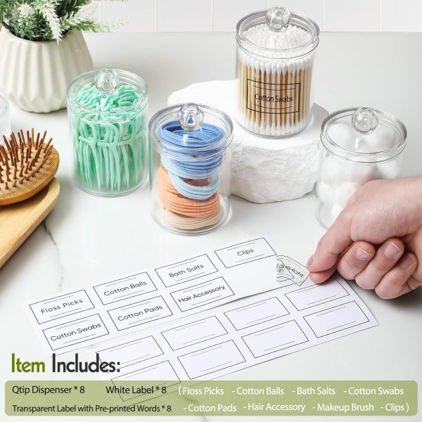 AOZITA 8 Pack Acrylic Qtip Holder Dispenser with Lids & Labels, Cotton Swab, Ball, Round Pads, Floss Picks Storage Canister - Clear Plastic Apothecary Jar for Bathroom Vanity Makeup Organizer - Image 2