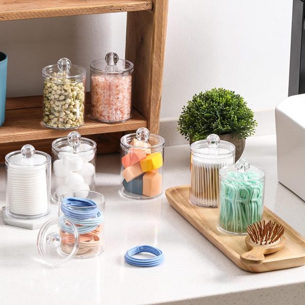 AOZITA 8 Pack Acrylic Qtip Holder Dispenser with Lids & Labels, Cotton Swab, Ball, Round Pads, Floss Picks Storage Canister - Clear Plastic Apothecary Jar for Bathroom Vanity Makeup Organizer - Image 3