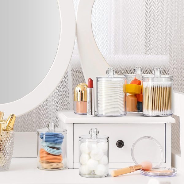 AOZITA 8 Pack Acrylic Qtip Holder Dispenser with Lids & Labels, Cotton Swab, Ball, Round Pads, Floss Picks Storage Canister - Clear Plastic Apothecary Jar for Bathroom Vanity Makeup Organizer - Image 4