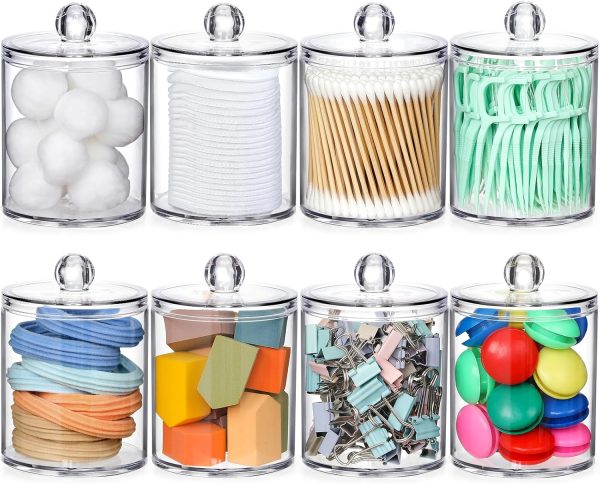 AOZITA 8 Pack Acrylic Qtip Holder Dispenser with Lids & Labels, Cotton Swab, Ball, Round Pads, Floss Picks Storage Canister - Clear Plastic Apothecary Jar for Bathroom Vanity Makeup Organizer - Image 8