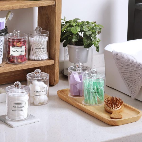 AOZITA 8 Pack Acrylic Qtip Holder Dispenser with Lids & Labels, Cotton Swab, Ball, Round Pads, Floss Picks Storage Canister - Clear Plastic Apothecary Jar for Bathroom Vanity Makeup Organizer - Image 13