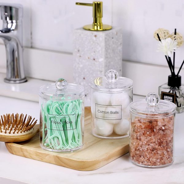 AOZITA 8 Pack Acrylic Qtip Holder Dispenser with Lids & Labels, Cotton Swab, Ball, Round Pads, Floss Picks Storage Canister - Clear Plastic Apothecary Jar for Bathroom Vanity Makeup Organizer - Image 29