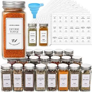AOZITA 24 Pcs Glass Spice Jars with White Printed Spice Labels - 4oz Empty Square Spice Bottles - Shaker Lids and Airtight Metal Caps - Silicone Collapsible Funnel
