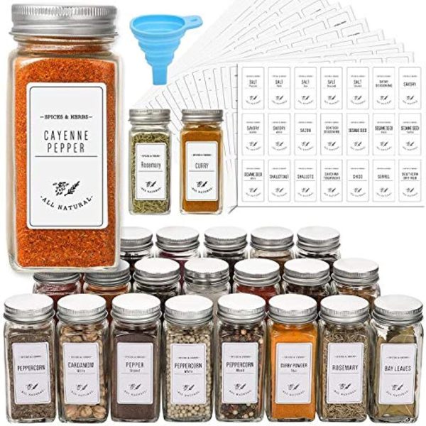 AOZITA 24 Pcs Glass Spice Jars with White Printed Spice Labels - 4oz Empty Square Spice Bottles - Shaker Lids and Airtight Metal Caps - Silicone Collapsible Funnel