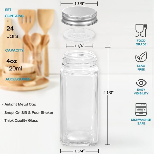 AOZITA 24 Pcs Glass Spice Jars with White Printed Spice Labels - 4oz Empty Square Spice Bottles - Shaker Lids and Airtight Metal Caps - Silicone Collapsible Funnel - Image 2
