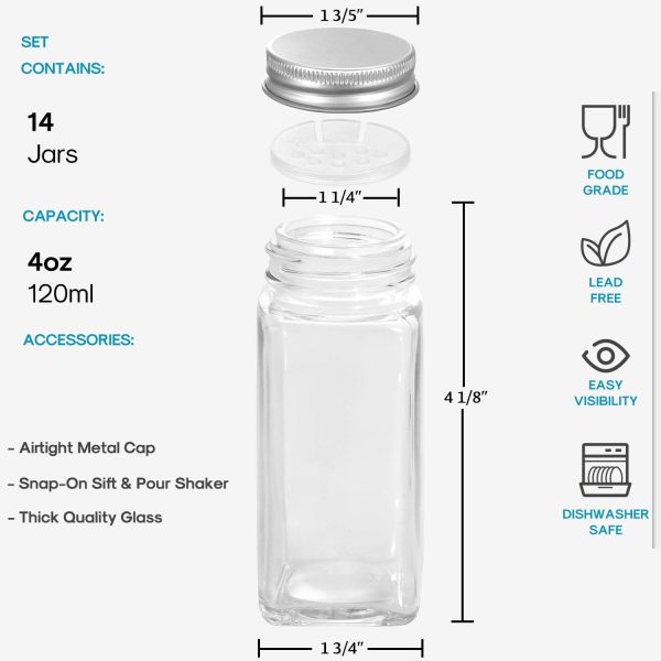 AOZITA 14 Pcs Glass Spice Jars with Spice Labels - 4oz Empty Square Spice Bottles - Shaker Lids and Airtight Metal Caps - Chalk Marker and Silicone Collapsible Funnel Included - Image 2