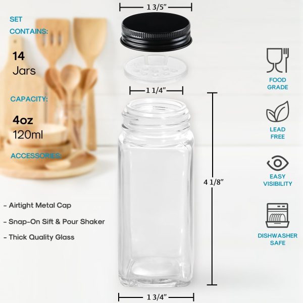 AOZITA 14 Pcs Glass Spice Jars with Spice Labels - 4oz Empty Square Spice Bottles - Shaker Lids and Airtight Metal Caps - Chalk Marker and Silicone Collapsible Funnel Included - Image 9