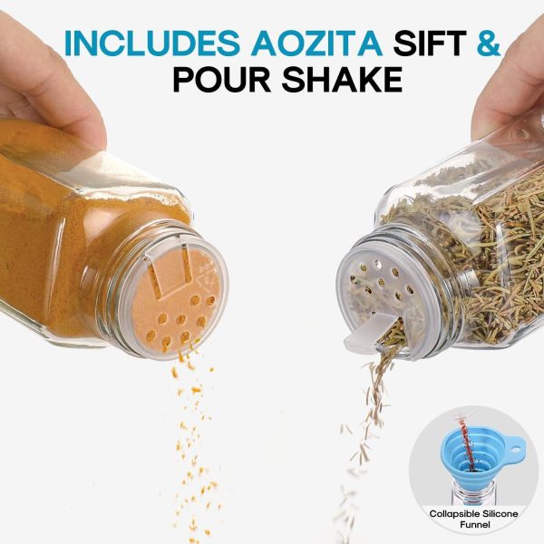 AOZITA 24 Pcs Glass Spice Jars with Labels - 4oz Empty Square Spice Bottles Containers, Condiment Pot, Shaker Lids and Airtight Metal Caps - Silicone Collapsible Funnel - Image 4