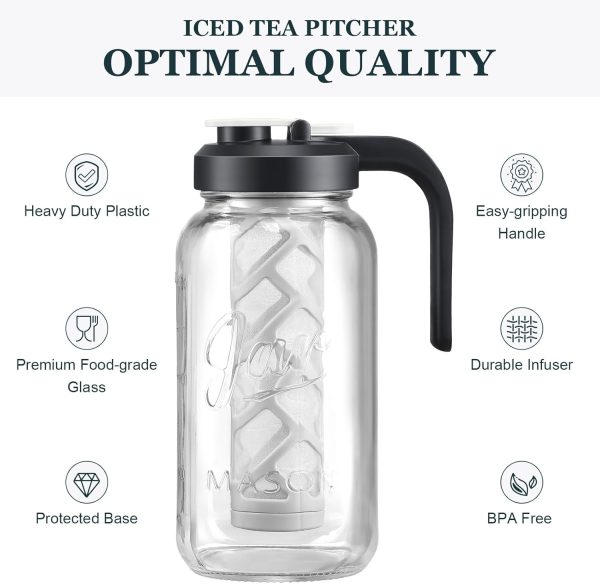 AOZITA Iced Tea Maker Pitcher with Infuser and Lid - 2 Quart Glass Mason Jar Pitcher Leak-proof Water Jug, Heavy Duty Glass Container for Tea, Water, Juice, Milk, Iced Coffee, and Drinks - Image 2