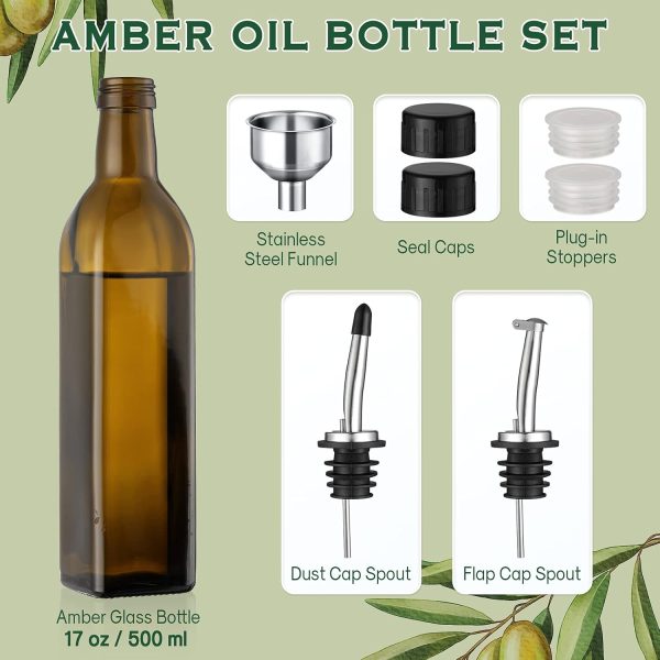 AOZITA 17oz Glass Olive Oil Dispenser - Oil and Vinegar Cruet Bottle with Stainless Steel Pourers - Funnel For Easy Refill - Olive Oil Carafe Decanter for Kitchen - Image 2