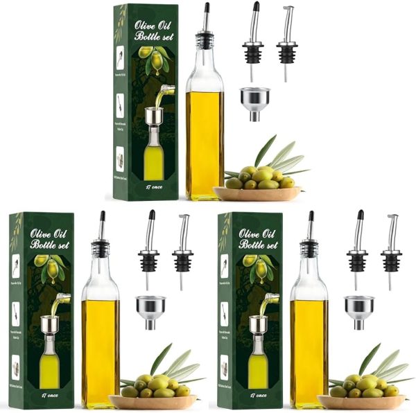 AOZITA 17oz Glass Olive Oil Dispenser - Oil and Vinegar Cruet Bottle with Stainless Steel Pourers - Funnel For Easy Refill - Olive Oil Carafe Decanter for Kitchen - Image 9