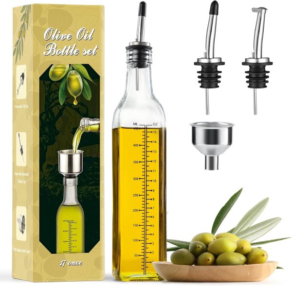 AOZITA 17oz Glass Olive Oil Dispenser - Oil and Vinegar Cruet Bottle with Stainless Steel Pourers - Funnel For Easy Refill - Olive Oil Carafe Decanter for Kitchen - Image 10