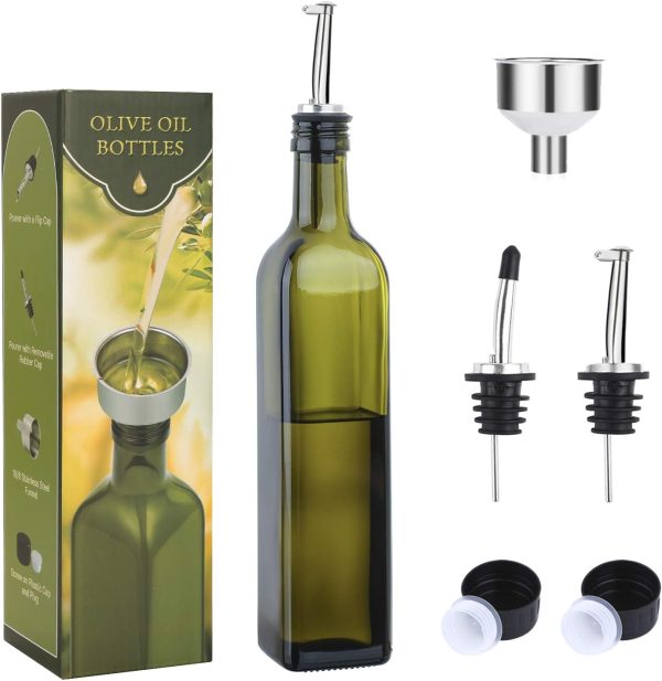 AOZITA 17oz Glass Olive Oil Dispenser - Oil and Vinegar Cruet Bottle with Stainless Steel Pourers - Funnel For Easy Refill - Olive Oil Carafe Decanter for Kitchen - Image 16