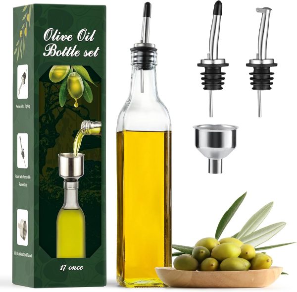 AOZITA 17oz Glass Olive Oil Dispenser - Oil and Vinegar Cruet Bottle with Stainless Steel Pourers - Funnel For Easy Refill - Olive Oil Carafe Decanter for Kitchen - Image 22