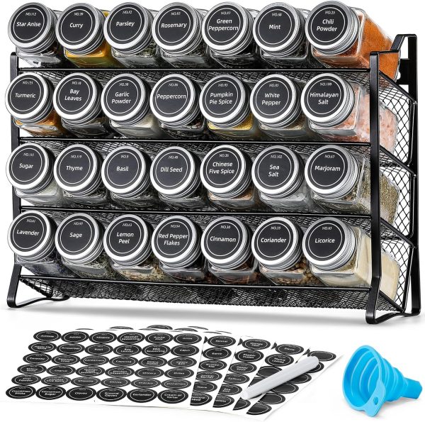 AOZITA Spice Rack Organizer for Cabinet, Spice Organizer with 28 Empty Spice Jars with Black Lids, Funnel, Spice Labels, Seasoning Organizer for Countertop, Cabinet, Kitchen, Pantry, Cupboard - Image 8