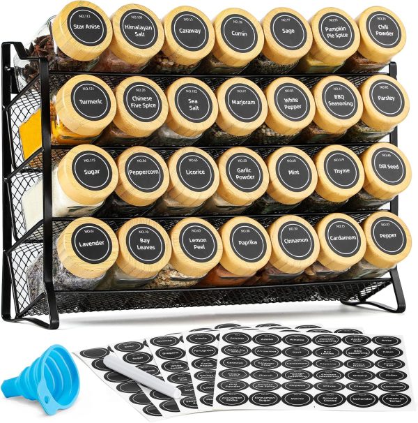 AOZITA Spice Rack Organizer for Cabinet, Spice Organizer with 28 Empty Spice Jars with Black Lids, Funnel, Spice Labels, Seasoning Organizer for Countertop, Cabinet, Kitchen, Pantry, Cupboard - Image 15
