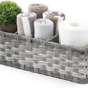 [Larger Compartments] Toilet Tank Topper Paper Basket - Multiuse Hand Woven Plastic Wicker Basket with Divider for Organizing, Rustic Farmhouse Bathroom Decor, Countertop Organizer Storage, Grey