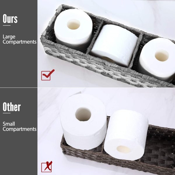 [Larger Compartments] Toilet Tank Topper Paper Basket - Multiuse Hand Woven Plastic Wicker Basket with Divider for Organizing, Rustic Farmhouse Bathroom Decor, Countertop Organizer Storage, Grey - Image 2