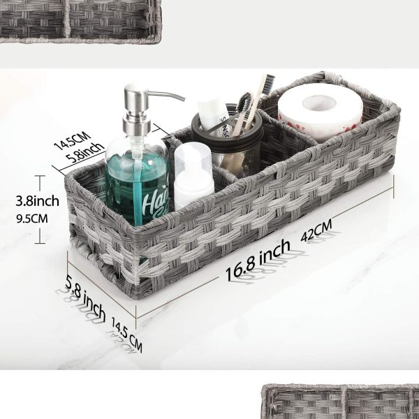 [Larger Compartments] Toilet Tank Topper Paper Basket - Multiuse Hand Woven Plastic Wicker Basket with Divider for Organizing, Rustic Farmhouse Bathroom Decor, Countertop Organizer Storage, Grey - Image 3