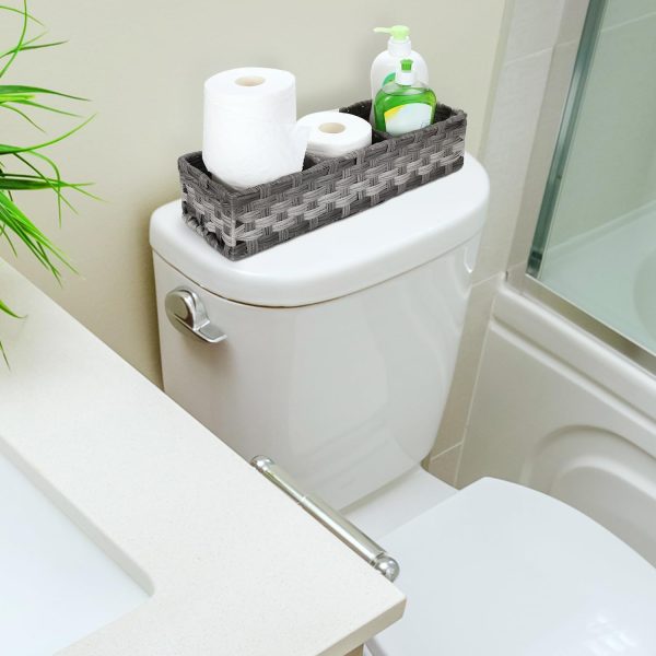 [Larger Compartments] Toilet Tank Topper Paper Basket - Multiuse Hand Woven Plastic Wicker Basket with Divider for Organizing, Rustic Farmhouse Bathroom Decor, Countertop Organizer Storage, Grey - Image 5