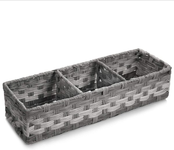 [Larger Compartments] Toilet Tank Topper Paper Basket - Multiuse Hand Woven Plastic Wicker Basket with Divider for Organizing, Rustic Farmhouse Bathroom Decor, Countertop Organizer Storage, Grey - Image 9