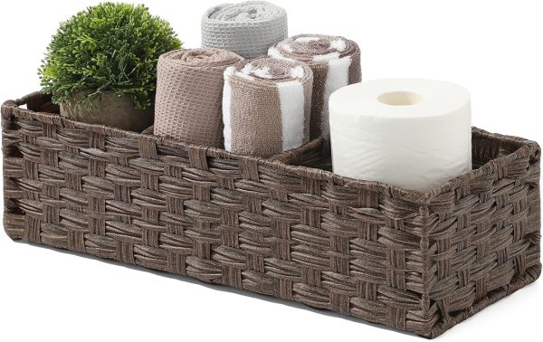 [Larger Compartments] Toilet Tank Topper Paper Basket - Multiuse Hand Woven Plastic Wicker Basket with Divider for Organizing, Rustic Farmhouse Bathroom Decor, Countertop Organizer Storage, Grey - Image 10