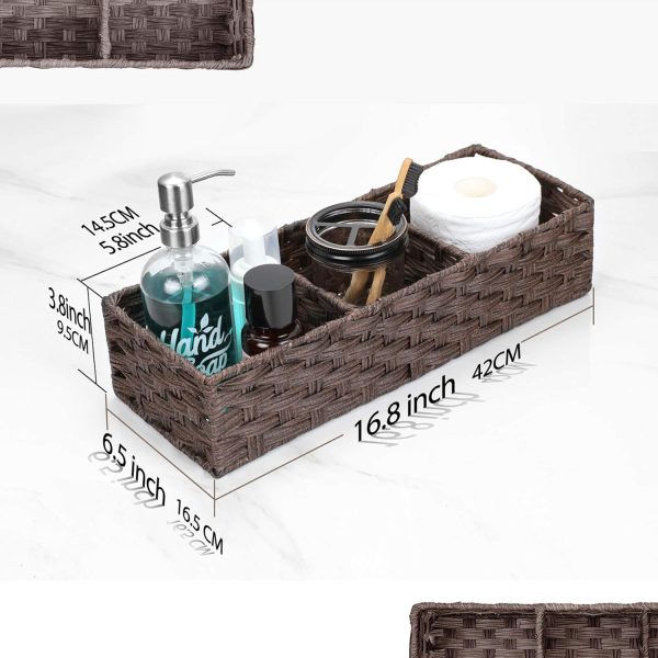 [Larger Compartments] Toilet Tank Topper Paper Basket - Multiuse Hand Woven Plastic Wicker Basket with Divider for Organizing, Rustic Farmhouse Bathroom Decor, Countertop Organizer Storage, Grey - Image 12