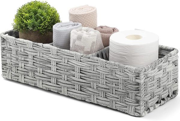 [Larger Compartments] Toilet Tank Topper Paper Basket - Multiuse Hand Woven Plastic Wicker Basket with Divider for Organizing, Rustic Farmhouse Bathroom Decor, Countertop Organizer Storage, Grey - Image 17