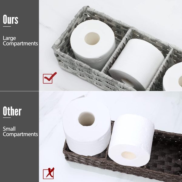 [Larger Compartments] Toilet Tank Topper Paper Basket - Multiuse Hand Woven Plastic Wicker Basket with Divider for Organizing, Rustic Farmhouse Bathroom Decor, Countertop Organizer Storage, Grey - Image 18