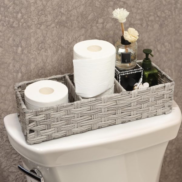 [Larger Compartments] Toilet Tank Topper Paper Basket - Multiuse Hand Woven Plastic Wicker Basket with Divider for Organizing, Rustic Farmhouse Bathroom Decor, Countertop Organizer Storage, Grey - Image 21