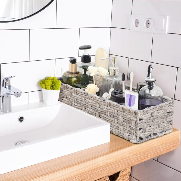 [Larger Compartments] Toilet Tank Topper Paper Basket - Multiuse Hand Woven Plastic Wicker Basket with Divider for Organizing, Rustic Farmhouse Bathroom Decor, Countertop Organizer Storage, Grey - Image 23